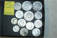 13pc Coin Lot : 1964 1/2's, 1 Pure Silver Troy Oz.