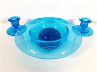 Blue Glass Centerpiece Bowl and Candle Holders