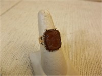 14K Gold Mens Ring - Carved Red Stone