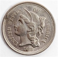 Coin 1868 3¢ Nickel Gem Brilliant Unc.
