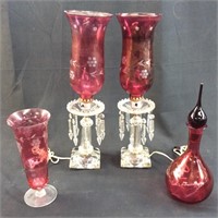 CRANBERRY CUT TO CLEAR LAMPS WITH VASE