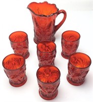 MOSSER INVERTED THISTLE RED PITCHER & 6 TUMBLERS