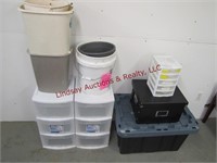 2 storage bins, trashcans, buckets, box &