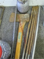 Bucket of screws, paint sprayer, axe, ruler,