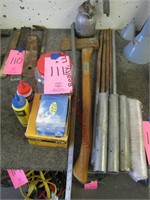 Bucket of screws, paint sprayer, axe, ruler,