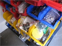 Cart on wheels w/ plastic sort bins & contents: