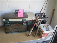 Fishing item: tackle box, 2 rods (1 w/ reel), ...