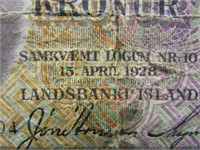 1928 Iceland 5 Korun VG. Old guy with a wig!