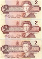SET OF 3 CANADIAN 1986 $2 DOLLAR NOTES
