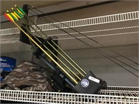 compound bow with arrows and canvas bag