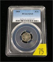 1860 U.S. silver 3-cent PCGS slab certified XF-45