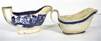 Two antique blue and white sauce boats