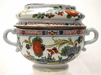 Italian majolica bowl and cover with twin handles