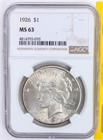 Coin 1926  Peace Silver Dollar  NGC MS63