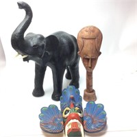 ELEPHANT SCULPTURE, INDIAN MASK & AFRICAN WOOD