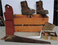 Wood crate, angle shelf bracket, Wolverine boots
