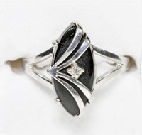 10K White gold black onyx ring with diamond accent