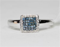 Sterling silver blue and white diamond square halo