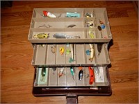 Plastic Tote-Of Fishing Spoons, Lures And Tackle.