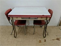 Vintage Enamel Top Dining Table and Two Chairs