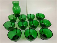 Vintage Forest Green Anchor Hocking Cups & Vase