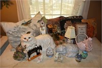 Cat statues, collectibles, pillows, etc.