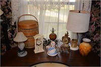 Lamps, clocks, basket & teapot
