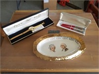 George Washington plate, watch and pens