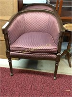 2 BURGUNDY BARREL CHAIRS W/NAILHEAD TRIM