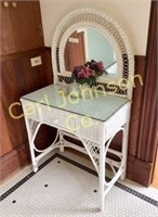 WHITE WICKER VANITY AND ( AS IS) STOOL
