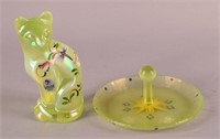 Vaseline Glass Iridescent Ring Tray & Fenton Cat