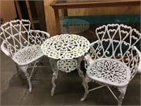 TALLER ORNATE METAL PATIO TABLE W/ 2 CHAIRS