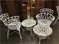 2 ORNATE METAL PATIO TABLES  W/ 2 CHAIRS