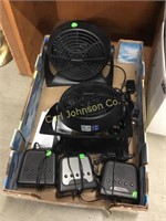 BOX W/ 2 SMALL FANS, 3 ALARM CLOCKS