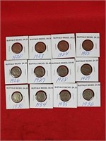 Twelve Buffalo Nickels, Various Dates