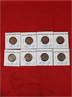 Eight Buffalo Nickels, Various Dates