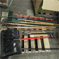 Yard tools, rake, snow shovel, axe