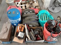 Sled, gas cans, 6 mower wheels
