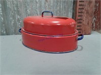Red and blue enamel roaster w/ lid