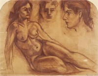 Charcoal on Paper Nude Figures Dated 1951