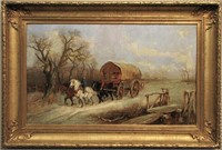 Unclearly Signed Antique 30x50 O/C Winter Wagon