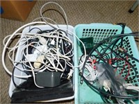 Two baskets electrical cords, etc.