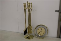 Brass Fireplace tools and Clock