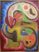 Surrealist Judaica Chagall Manner Signed Oil 1963