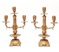 Gilt Brass 3-Light Candle Holders, Vintage Pair