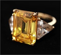 14K Gold Large Yellow CZ & Trillion-Cut CZs Ring