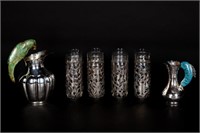 Mexican Silver Pitcher and Overlay Glasses