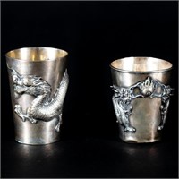 Two Chinese Export Silver Dragon Motif Cups