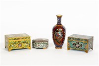 4 Chinese Cloisonne Pcs, 3 Boxes, 1 Vase