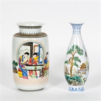 2 Chinese Eggshell Vases, Figural & Landscape